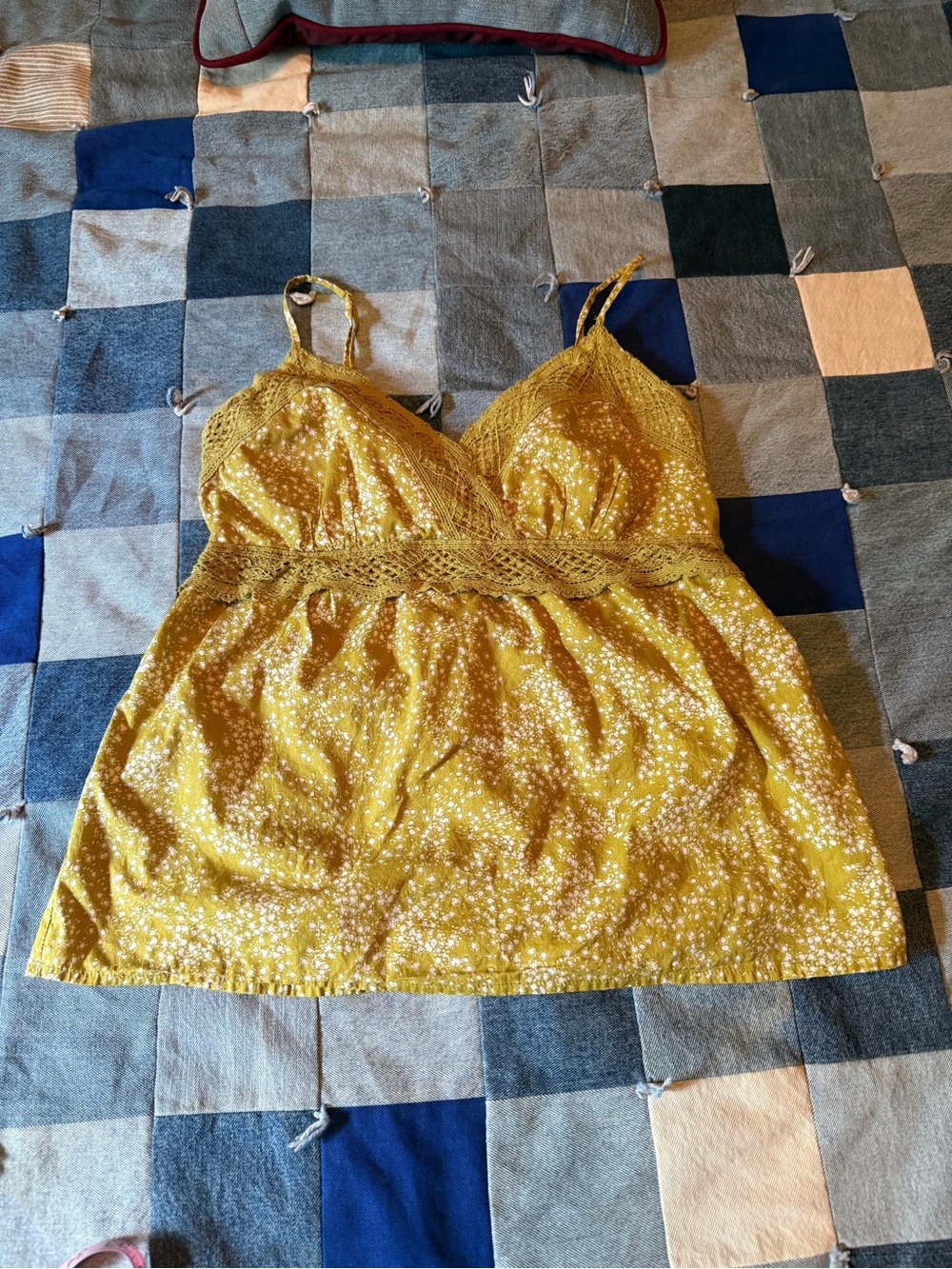 Elle Mustard Floral Cami Top L Lace Trim Empire Waist